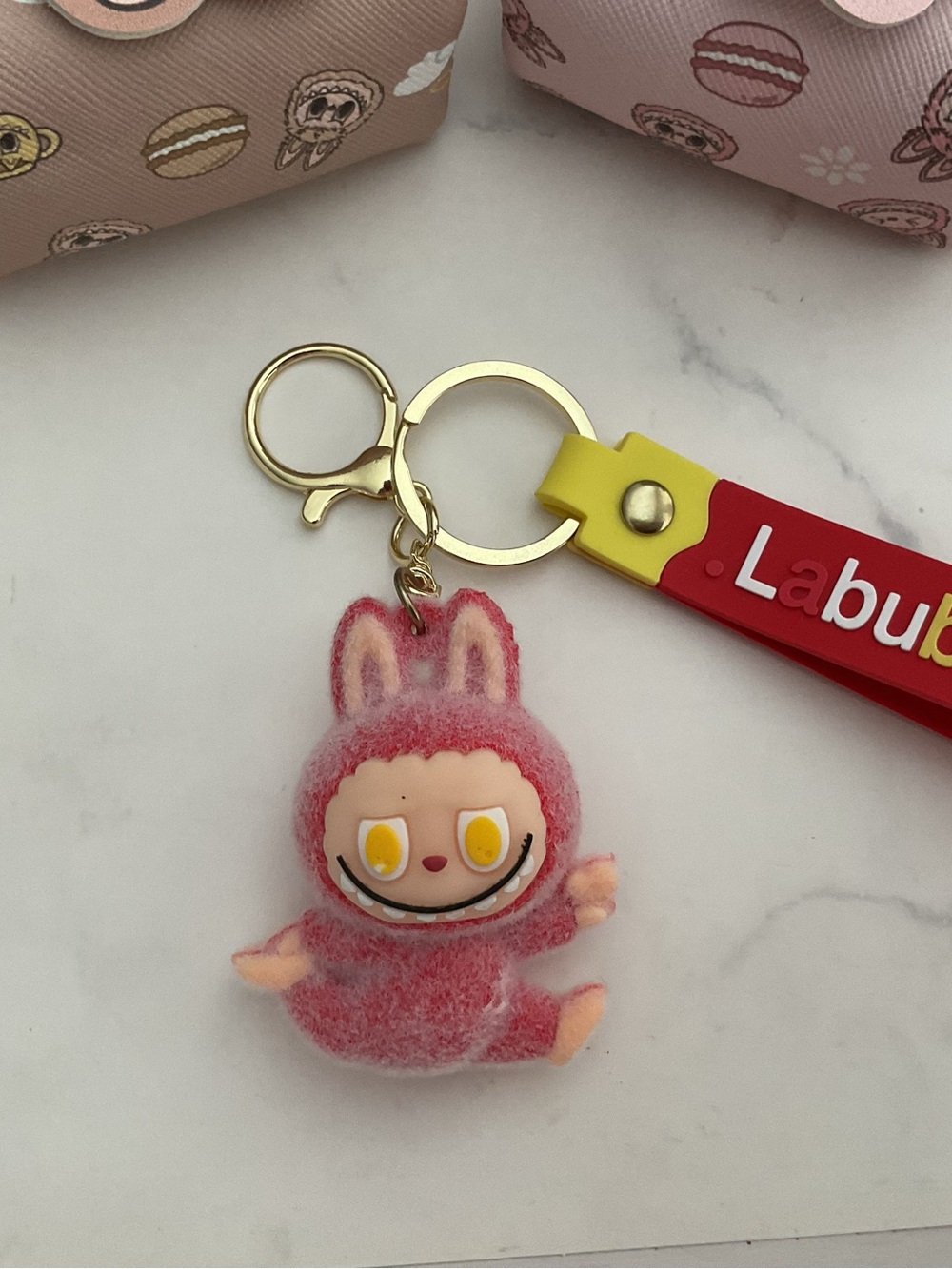 Lot of 2 Labubu Mini Backpack Keychain Charm Pink Girl Tan Boy plus Red Keychain - Picture 7 of 7